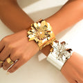 Flower Pearl Cuff Bangle Bracelet for Women Open Wide Wire Bracelets Gold Wrist Cuff Wrap Bracelet Adjustable