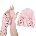 Crystal Embellished Logo Sequin Rabbit Hair Knitted Hat and Glove Set Thickened Warm Ear Protection Wool Hat Set