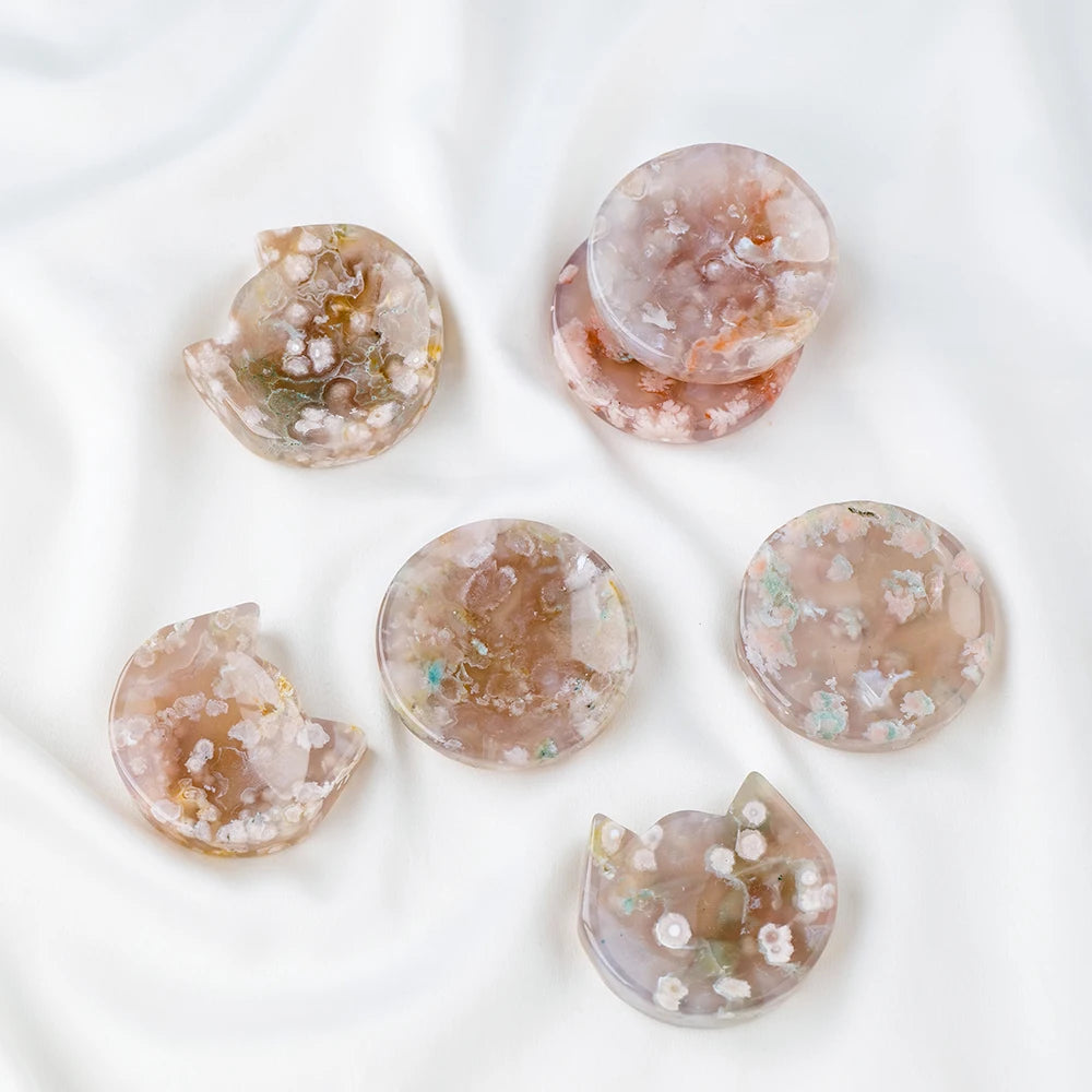 Wholesale Natural Stone Cat Shape Flower Sakura Agate Quartz Crystal Bowls Ornament Crafts