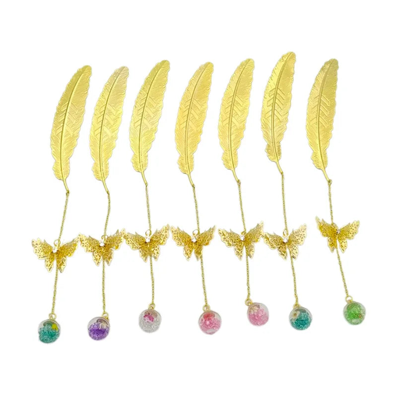 Chinese Style Creative Metal Vintage Gold 3D Feather Butterfly Bookmark Ball Pendant Student Promotional Gift