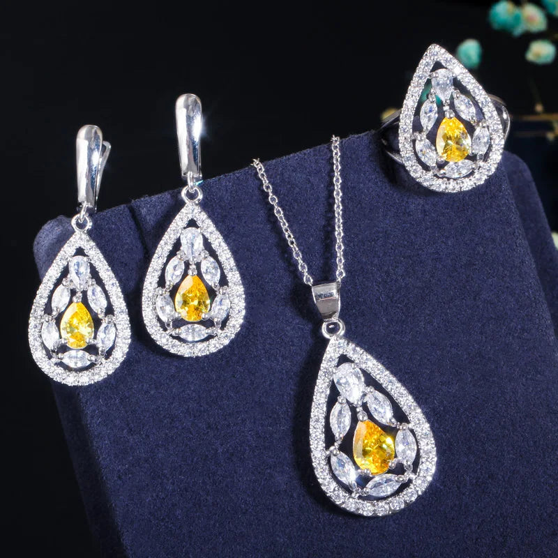 6 Colors Elegant Fashion Art Decor Yellow CZ Crystal Dangle Drop Earring Necklace Ring Sets Ladies Bridesmaid Jewelry Gifts