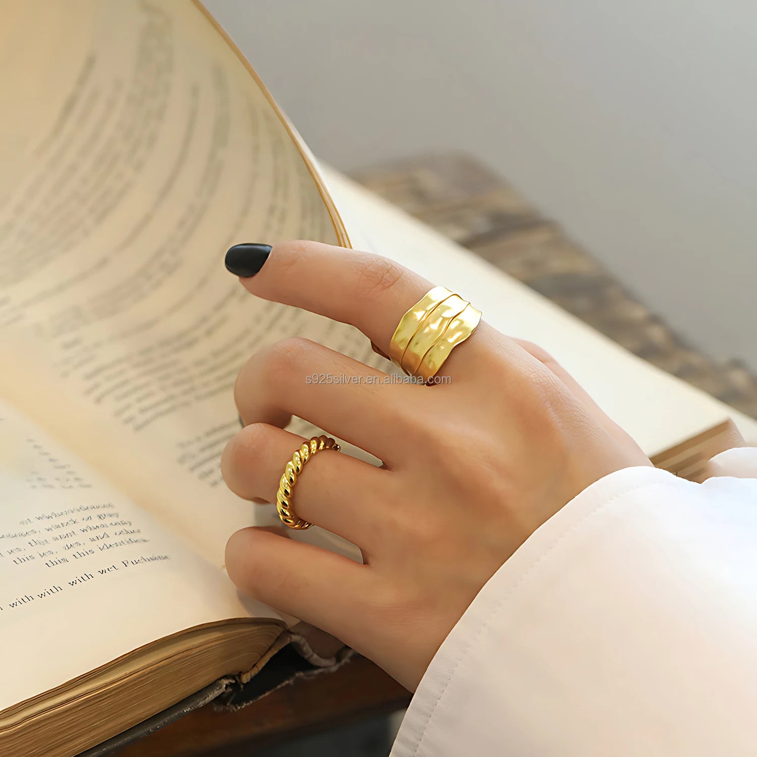 Modern 925 Silver Layered Molten Texture Open Ring for Women Sculptural Wide Band Fine Jewelry for Daily or Statement Wear