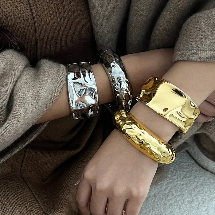 New Punk Hip Hop Wide Asymmetric Bangles Bracelets for Women Statement Alloy Bangles Set Men Jewelry