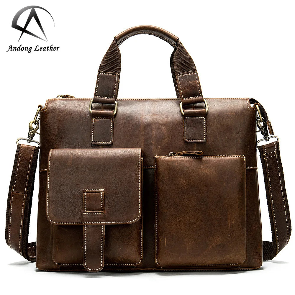 Andong Crazy Horse Leather Briefcase for Men Genuine Cow Leather Messenger Bags Crossbody Shoulder Bag Business