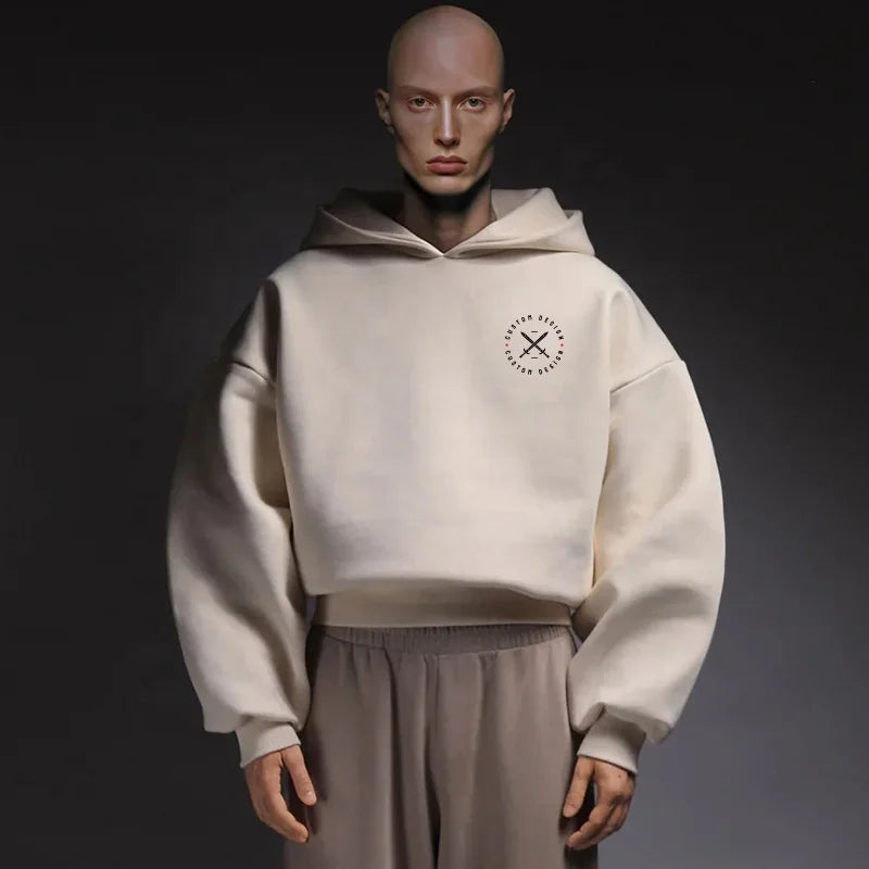 Custom Men's Cropped Hoodie 520GSM Boxy Heavyweight French Terry Cotton Drop Shoulder 100% Oversized Cotton Hooded Collar