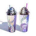 Double-layer Plastic Creative Laser Cartoon Coffee Container with Straw