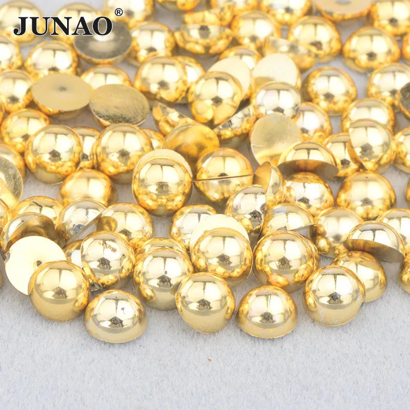 JUNAO Wholesale 10 12 14 16 20 mm Flatback Pearl Beads Gold ABS Plastic Pearls in Bulk Half Round Pearls Without Holes