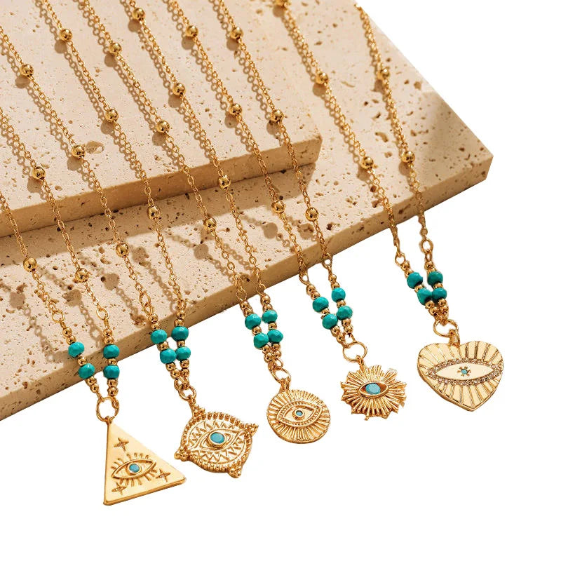 ODM Bohemian Style Necklace 18K Gold-plated Natural Stone Turkey Eye Pendant Necklace Jewelry for Women