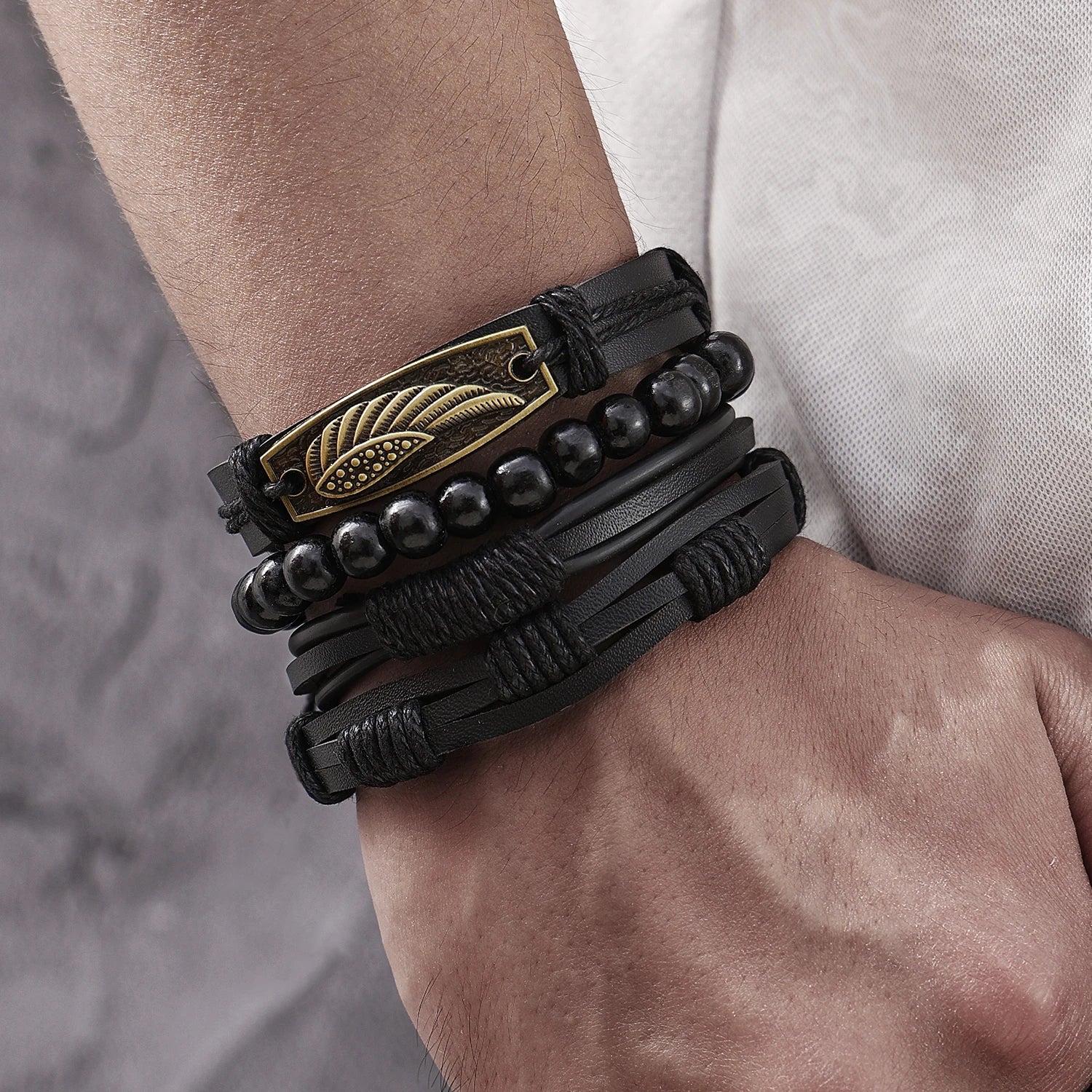 4Pcs/Set Fashion Beaded Feather Leather Multilayer Bracelet Set