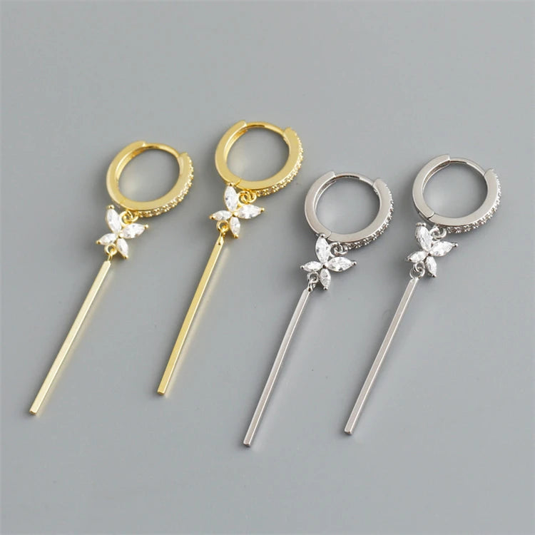 New Trendy Bar Long Tassel 18k Gold 925 Sterling Silver Butterfly Zircon Hoop Earrings for Women