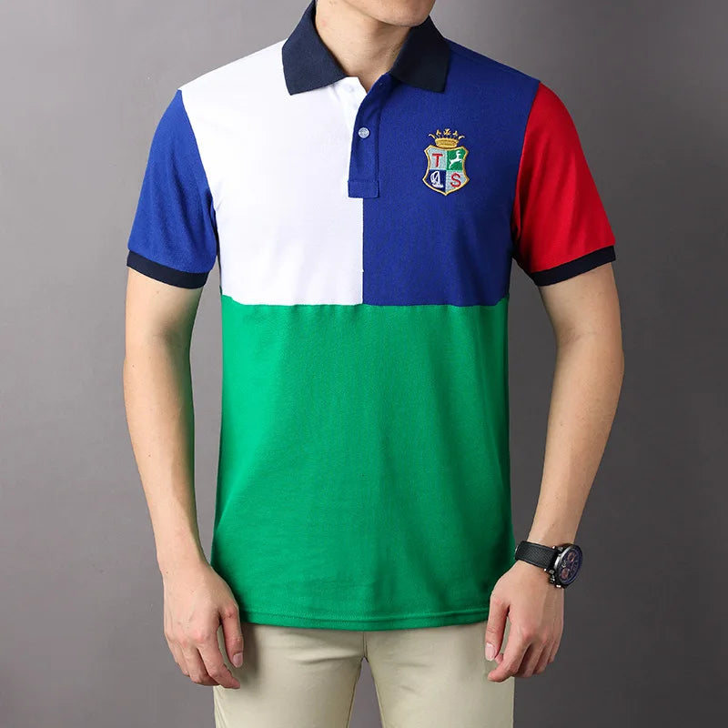 Summer Polo for Men Short Sleeve Cotton Embroidery Color Block Patchwork Polo Collar t Shirt Sports Golf Polo Shirt