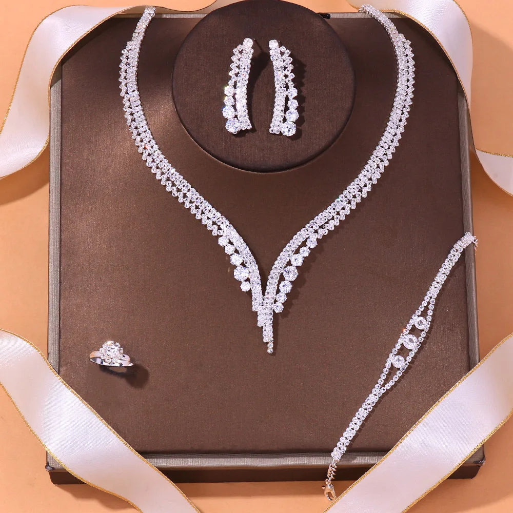 4pcs Fashion Wedding Jewelry Set Bridal Full Rhinestones Ring Bracelet Earrings Necklace Sets for Women