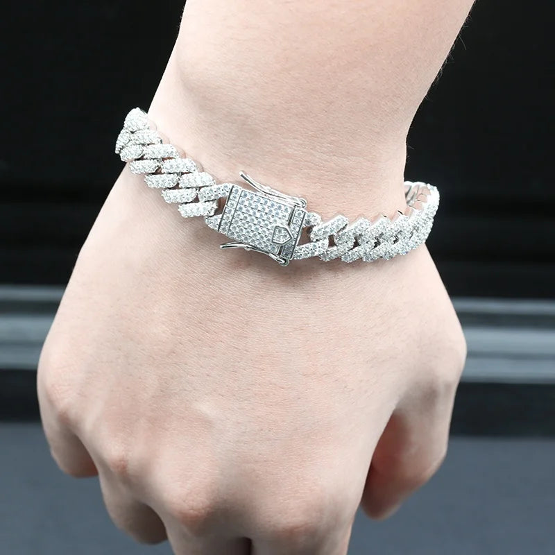 12mm Sterling Silver Cuban Chain Bracelet with Moissanite Diamond Hip Hop Style Iced Out 925 Silver Miami Cuban Link Chain