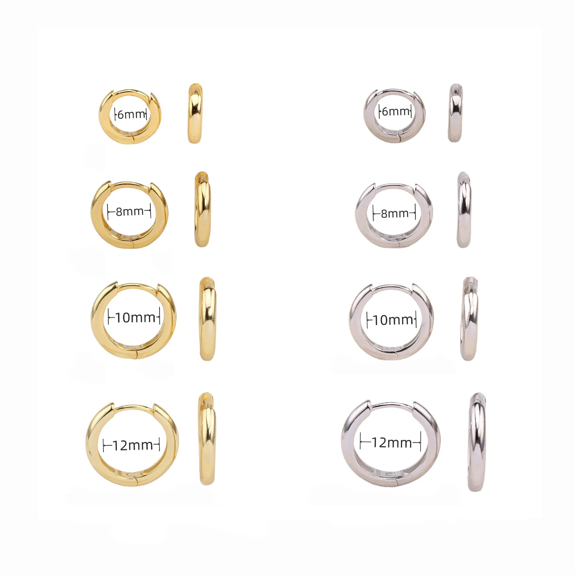 Minimalist Round Earrings 6mm-12mm Size Basic Gold Plated 925 Sterling Silver Hoop Earrings Jewelry