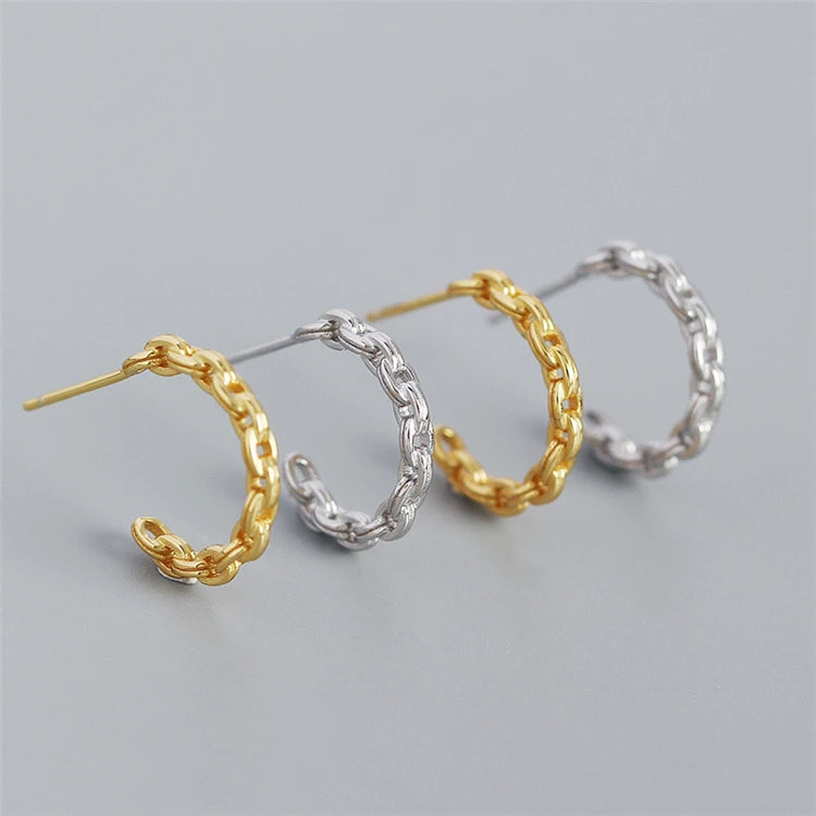 SP 2022 Gold Plated Chain C Shape Hoop Earrings 925 Sterling Silver Link Chain Stud Earrings