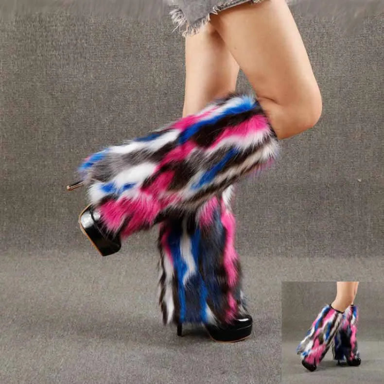 New Wholesale Women's Winter Long Boots Cuffs Leg Socks Colorful Knitted Faux Fur Legwarmers with Light