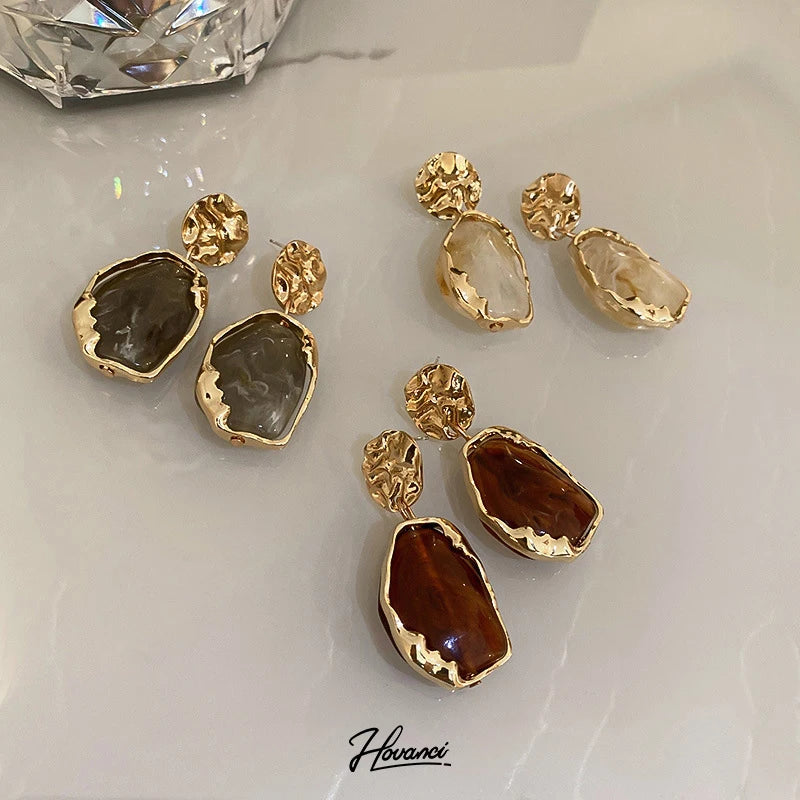 HOVANCI Versatile Korean Vintage Resin Geometric Drop Earrings Personalized Irregular Fashion Accessories