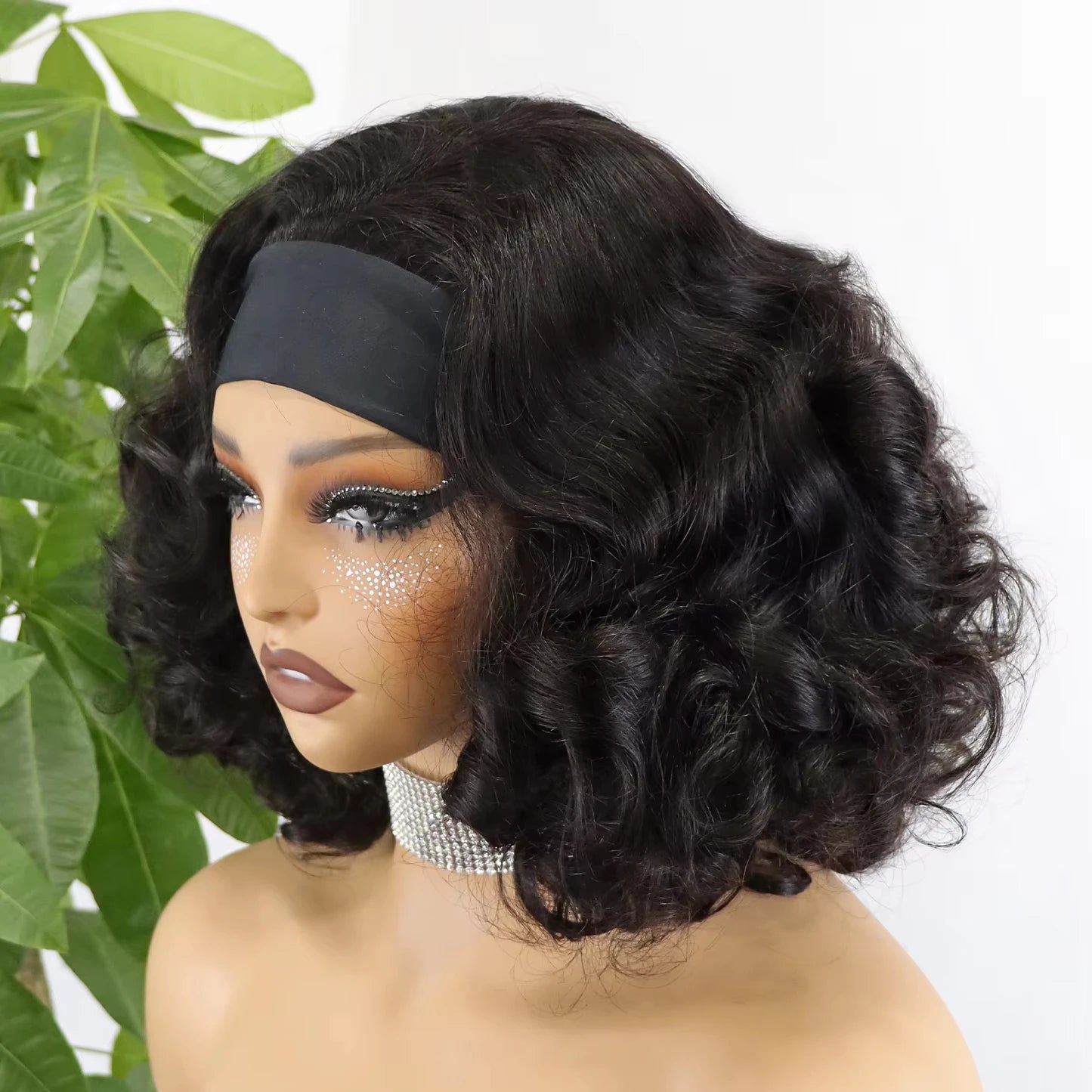 Wholesale Bouncy Loose Wave Human Hair Headband Wig for Women 14 Inch Machine Made Half Wigs Natural Color Glueless Bob Wigs