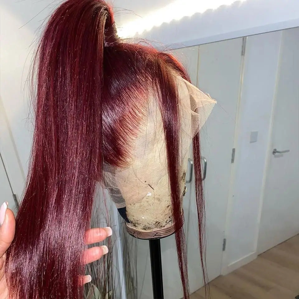 Customized 13*4 Transparent Lace Frontal Wig 12A Grade 99J Color Straight Long 100% Brazilian Human Raw Hair Deep Wave Style