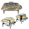 Dubai Restaurant Use Electric Heating  Hydraulic Food Warmer Gold Plated Roll Top Glass Lid 9L Rectangle Chaffing Dish for Sale
