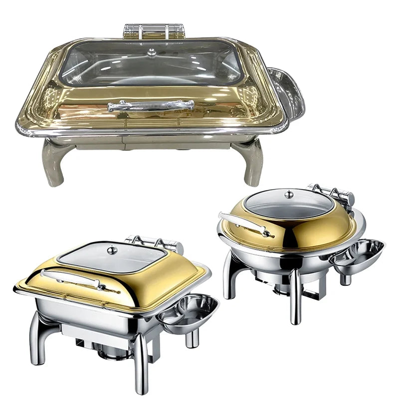 Dubai Restaurant Use Electric Heating  Hydraulic Food Warmer Gold Plated Roll Top Glass Lid 9L Rectangle Chaffing Dish for Sale