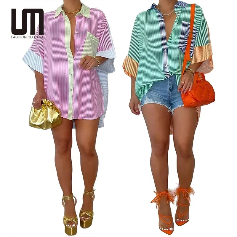 Liu Ming 2024 New Arrivals Women Casual Buttons Striped Long Sleeve T Shirt Tops Loose Blouse