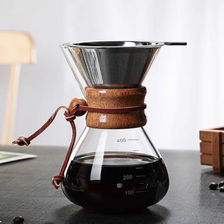 Borosilicate Heat Drip Espresso Pour Over Glass Coffee Maker with Bamboo Sleeve Filter 400ml Capacity Lead & BPA Free Handmade