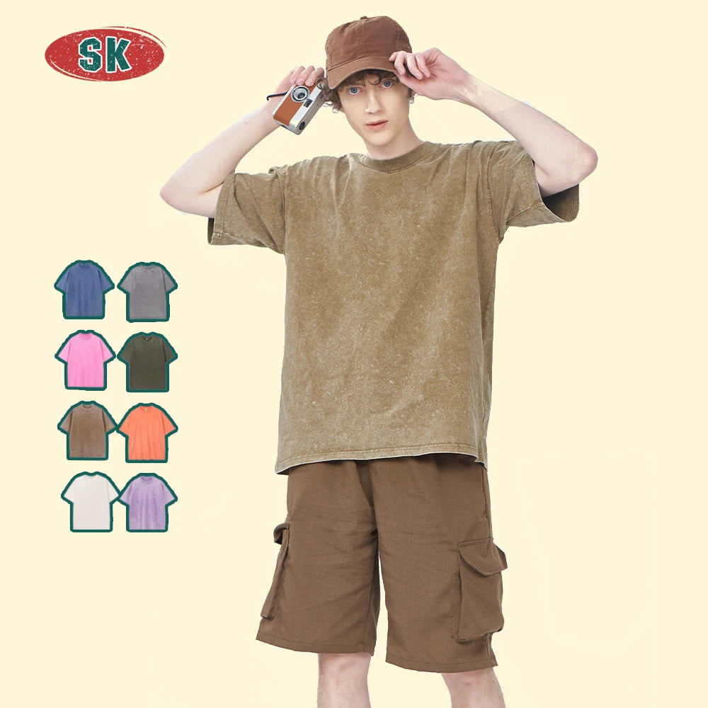 High Quality Cotton Washed Vintage Toweling Terry Towel Men's Shirt Oversized Drop Shoulder Printed T-shirt