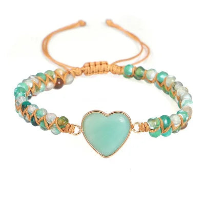 Green  Stone Double Layer Weave Beaded Bracelet Natural Stone Heart Charms Bracelets