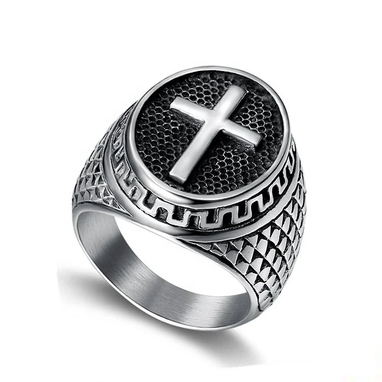 New Retro Punk Ring Stainless Steel Polished Catholic Cross Men's Ring