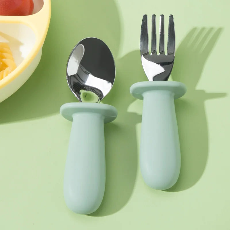 Portable Cute Food Grade Silicone Handle Spoons Forks Knives Stainless Steel Cutlery Set
