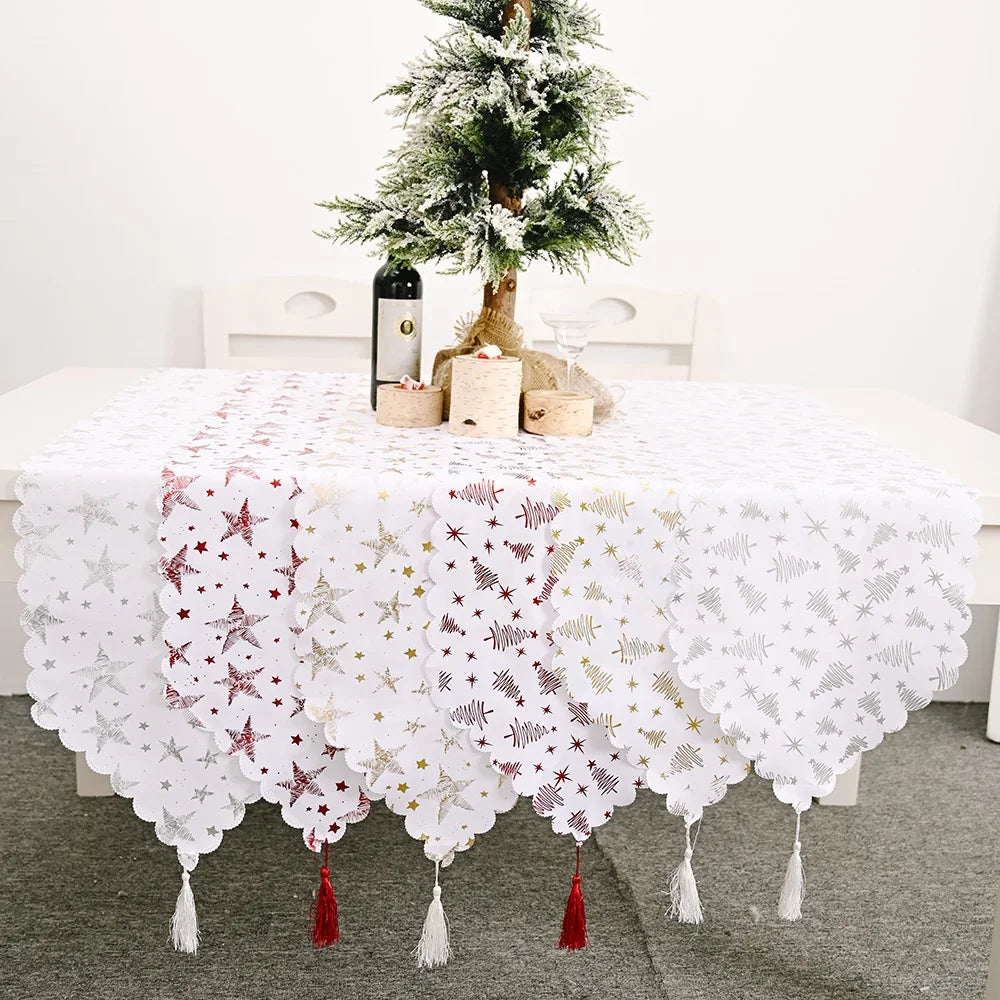 Modern Style 100% Polyester Woven Foil Printed Christmas Pattern Table Runner Tassel Edge for Geometric Party Decorative Use