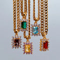 BASQUESUN 18k Gold Stainless Steel Thick Cuban Chain square Diamonds Green Red Aqua Blue Yellow Large Zircon Stone Necklace