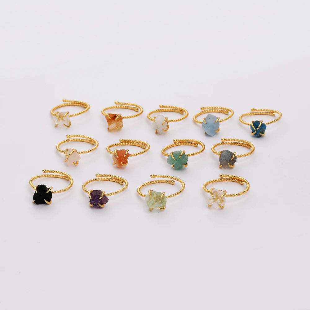 SS205 Gold Plated Solid Sterling Silver Aquamarine Healing Crystal Ring Genuine Raw Birthstone Crystal Rings