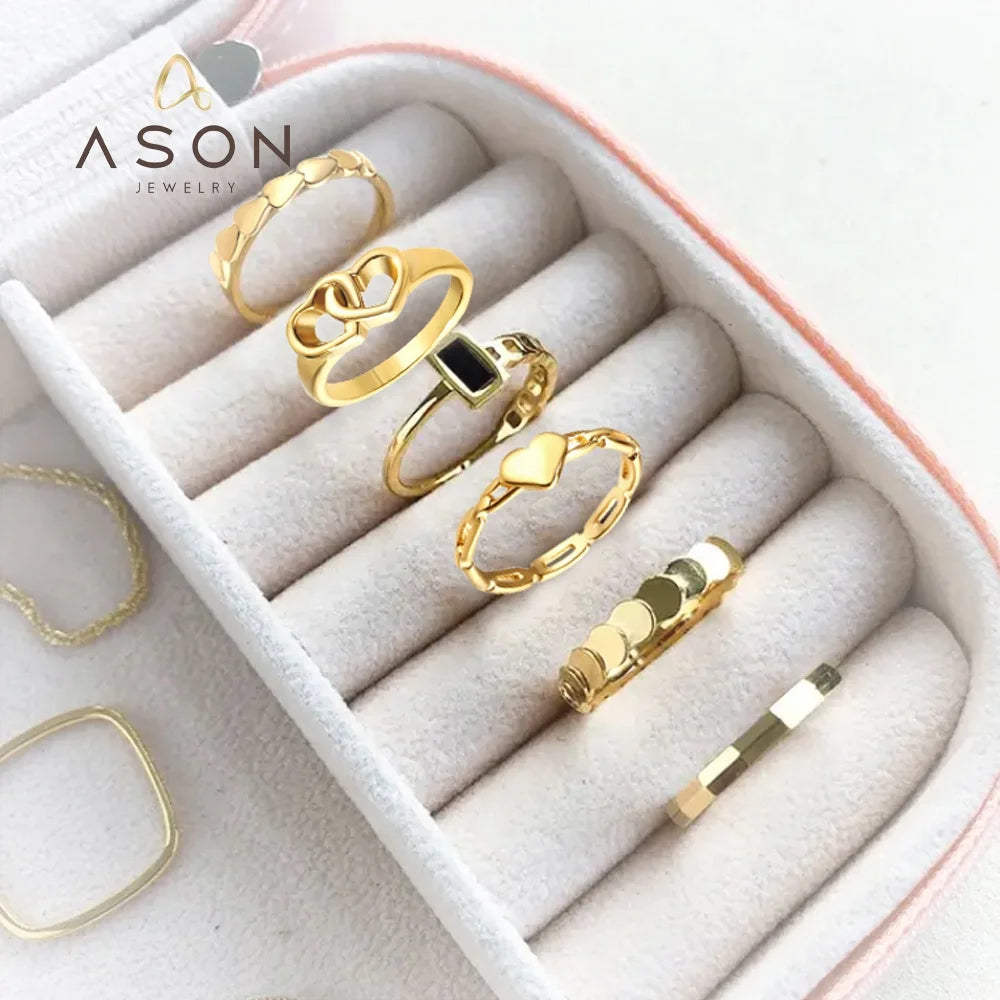 Ason Fashion Vintage Jewelry 18K Gold Plated Stackable Rings Stainless Steel Zircon Heart Stacking Couple Ring for Women