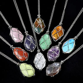 Handmade Stainless Steel Chain Mesh Net Raw Crystal Holder Necklace Natural Stone Healing Cyrstal Holder Necklace Jewelry