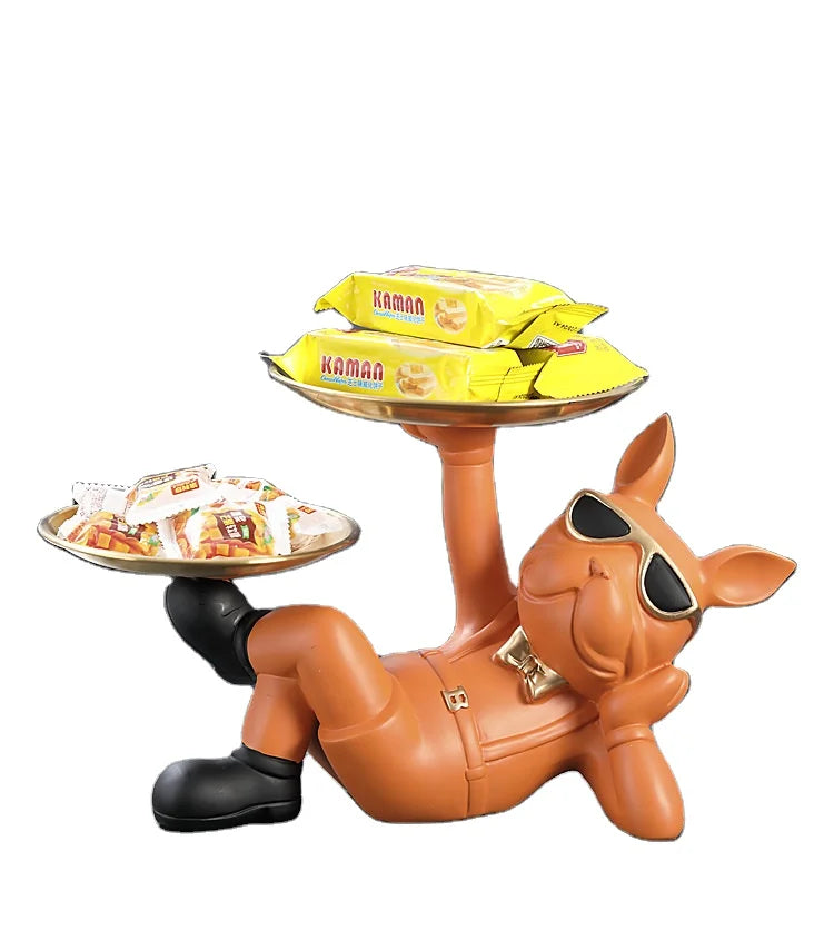 202 Lucky Bulldog Nordic Resin Lying Dog Sculpture With Glass With  Double Fruit Plate Modern Room Animal Crafts Ornament