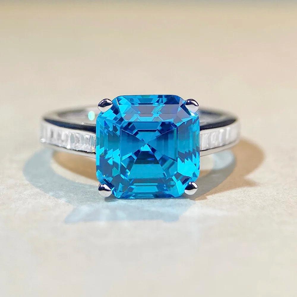5A Asscher Solitaire Colored CZ Cubic Zirconia 925 Blue Silver Wedding & Engagement Rings Classic Party Style-Wholesale Price
