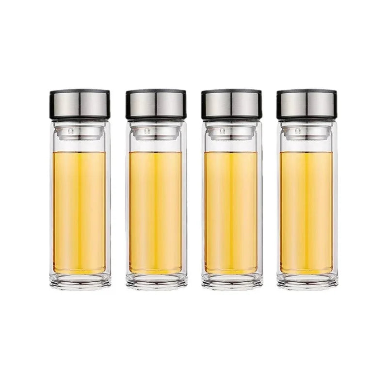 Private Logo 2025 Double Wall Glass Water Bottle with Tea Infuser and Gold Cap for Business