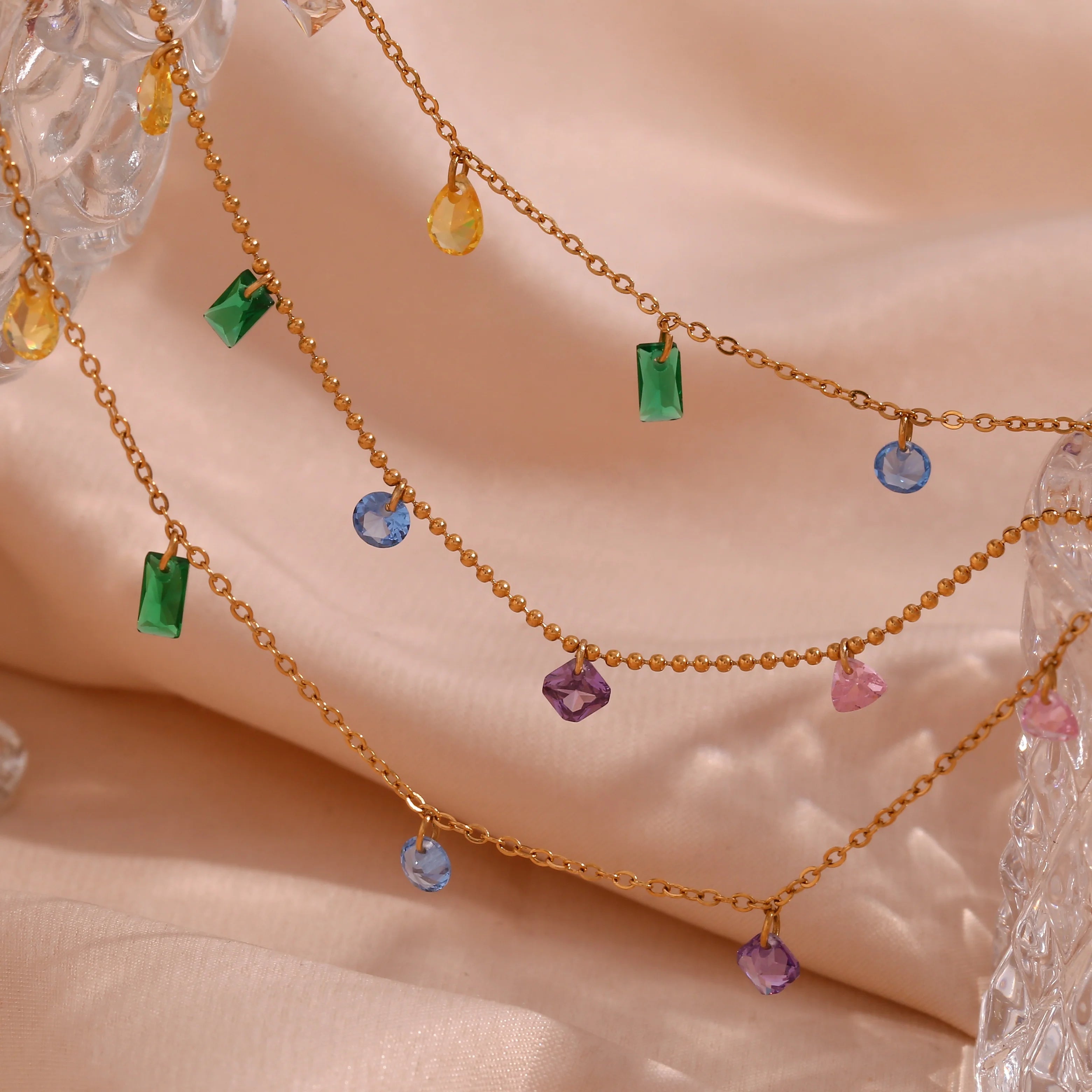 Dreamshow Christmas Jewelry Colorful Glass Beaded Charm Necklace Stainless Steel Beaded Necklace Gold Plated Jewelry