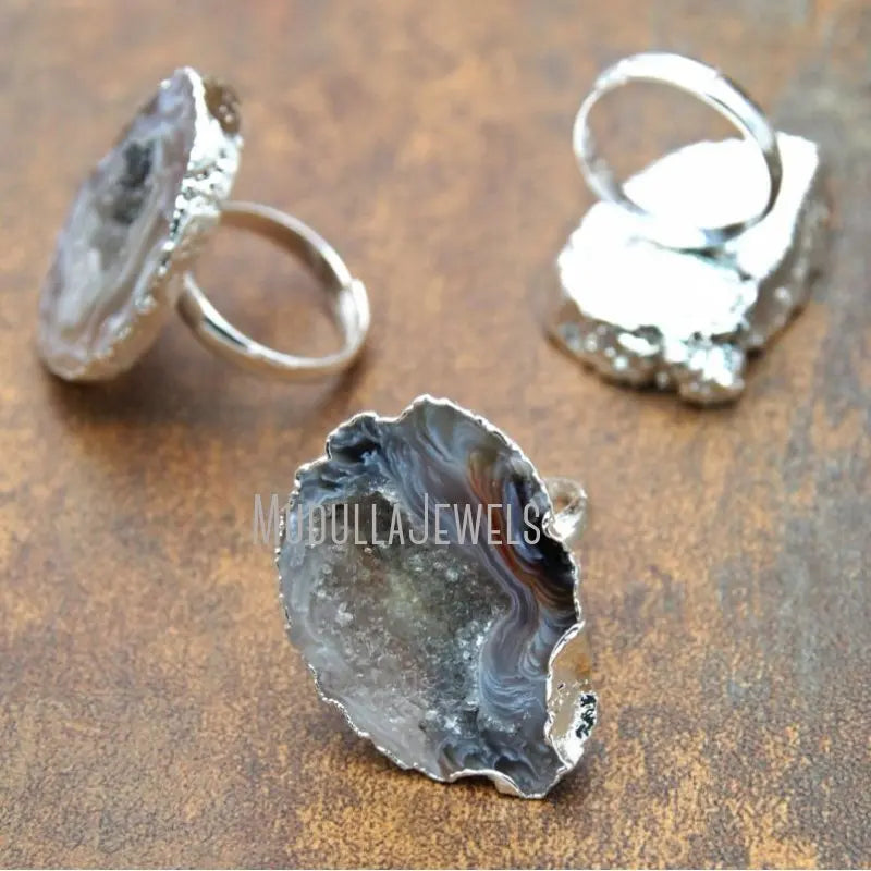 RM1680 Fashion Jewelry Wedding Rings Adjustable Copper Silver Plated Agate Geode Free Form Ring for Women Gift