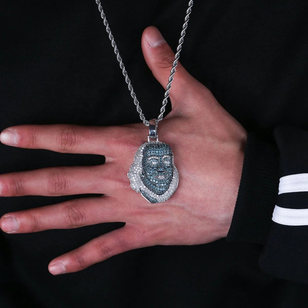 New Iced Brass Franklin Famous Figure Pendant Necklace Lab Created Zircon Stones Hip Hop Men Women Jewelry Gifts Bling Charm
