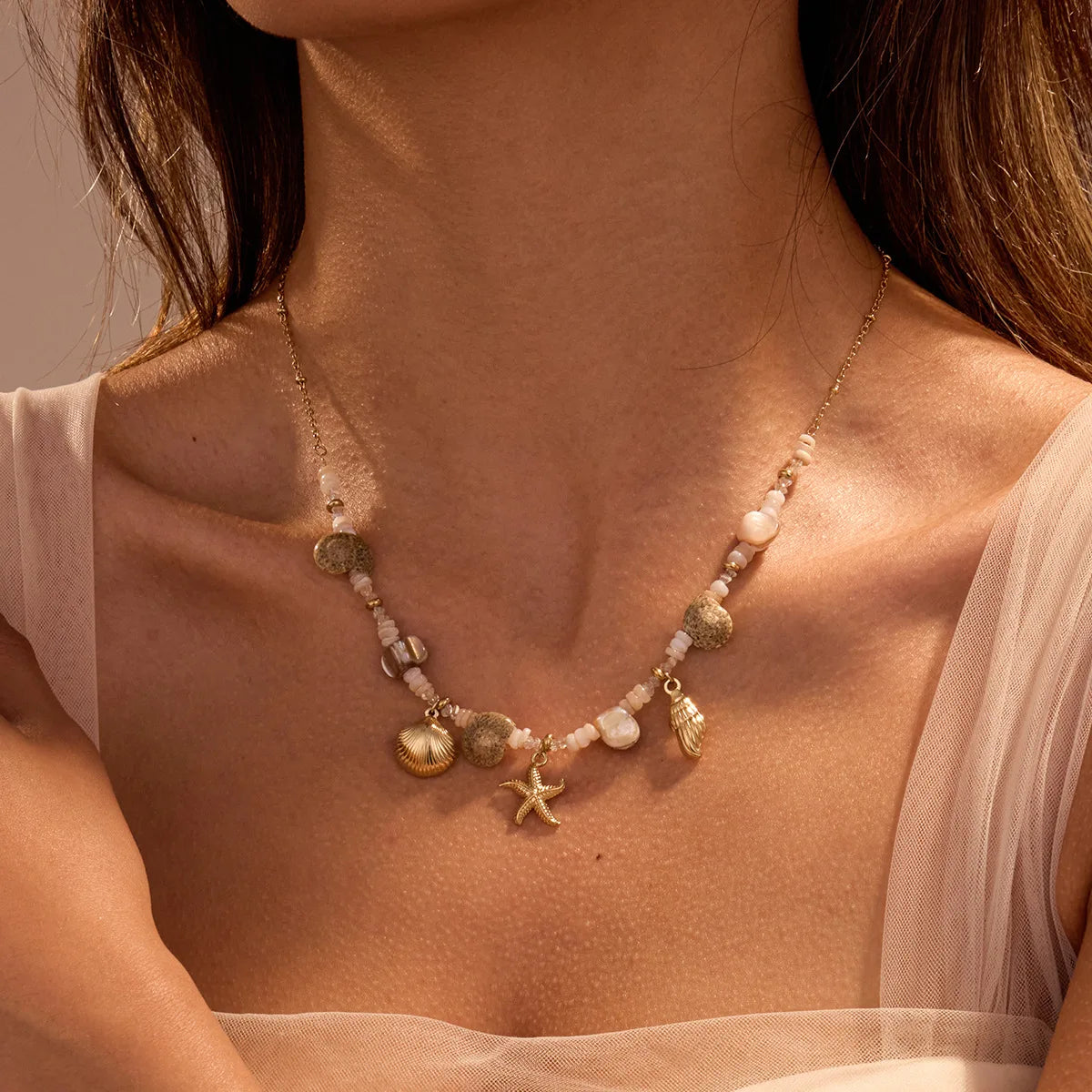 Fashion Ocean Style Girls Trendy Natural Scallop Starfish  Glass Shell Starfish Sea Horse Fan Shell Pendant Necklace