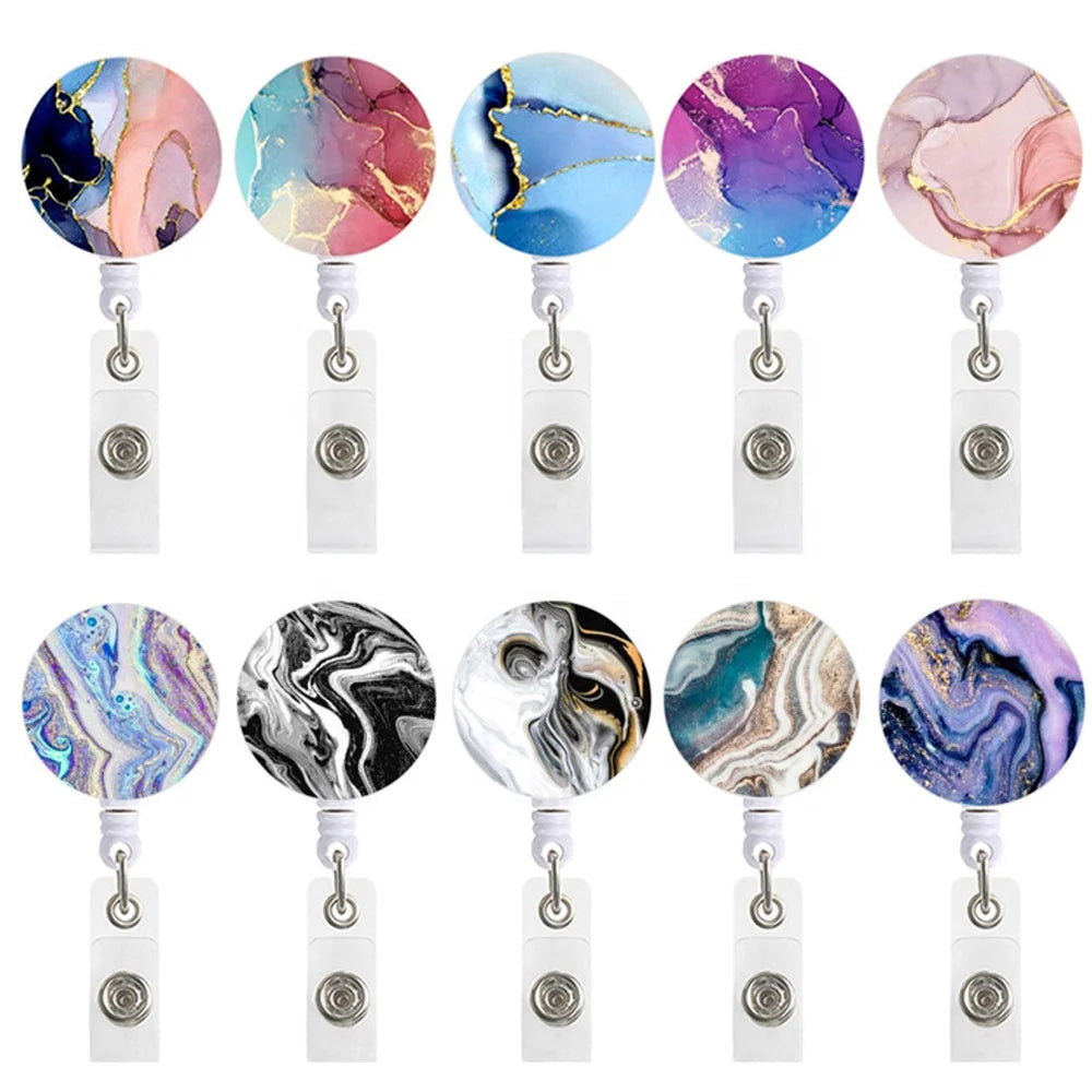 Custom Marble Pattern Crocodile Clip Buckle Badge Reel For Doctor Nurse Supplies Retractable Work Badge Clip