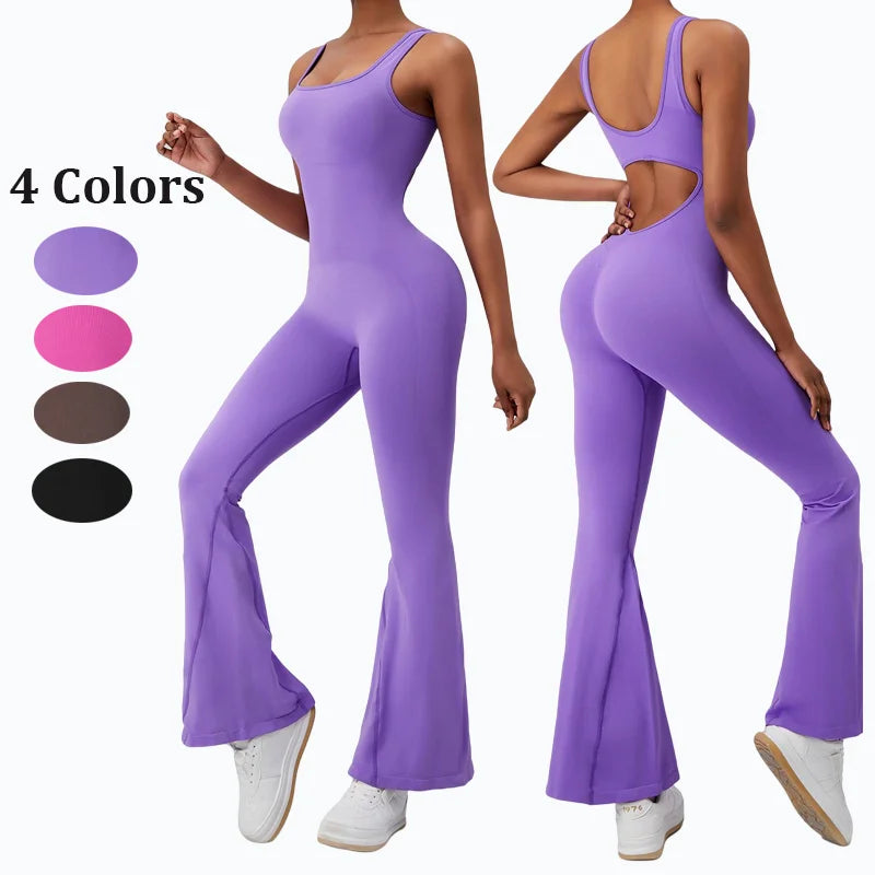 Women Beautiful Back Leggings Yoga Jumpsuits Gym Fitness BodySuits Workout Clothes Sportswear Tracksuits Shapewear Flared Pants