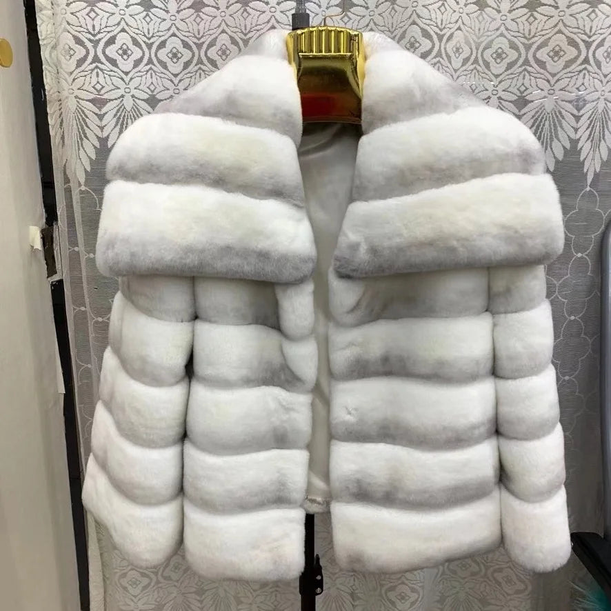 MWFur Winter Women Real Fur Jacket with Big Collar Full Sleeves Luxury Chinchilla Design Rex Rabbit Fur Coat for Lady
