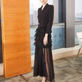 Temperament Dress Autumn and Winter New Fashion Banquet Party V-neck Slim Long Pleated Skirt Mesh Dress