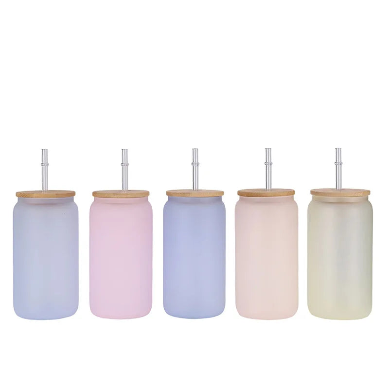 Frosted Glass Bottle 16oz Beer Cup Water Glass Beer Can with Lid and Straw