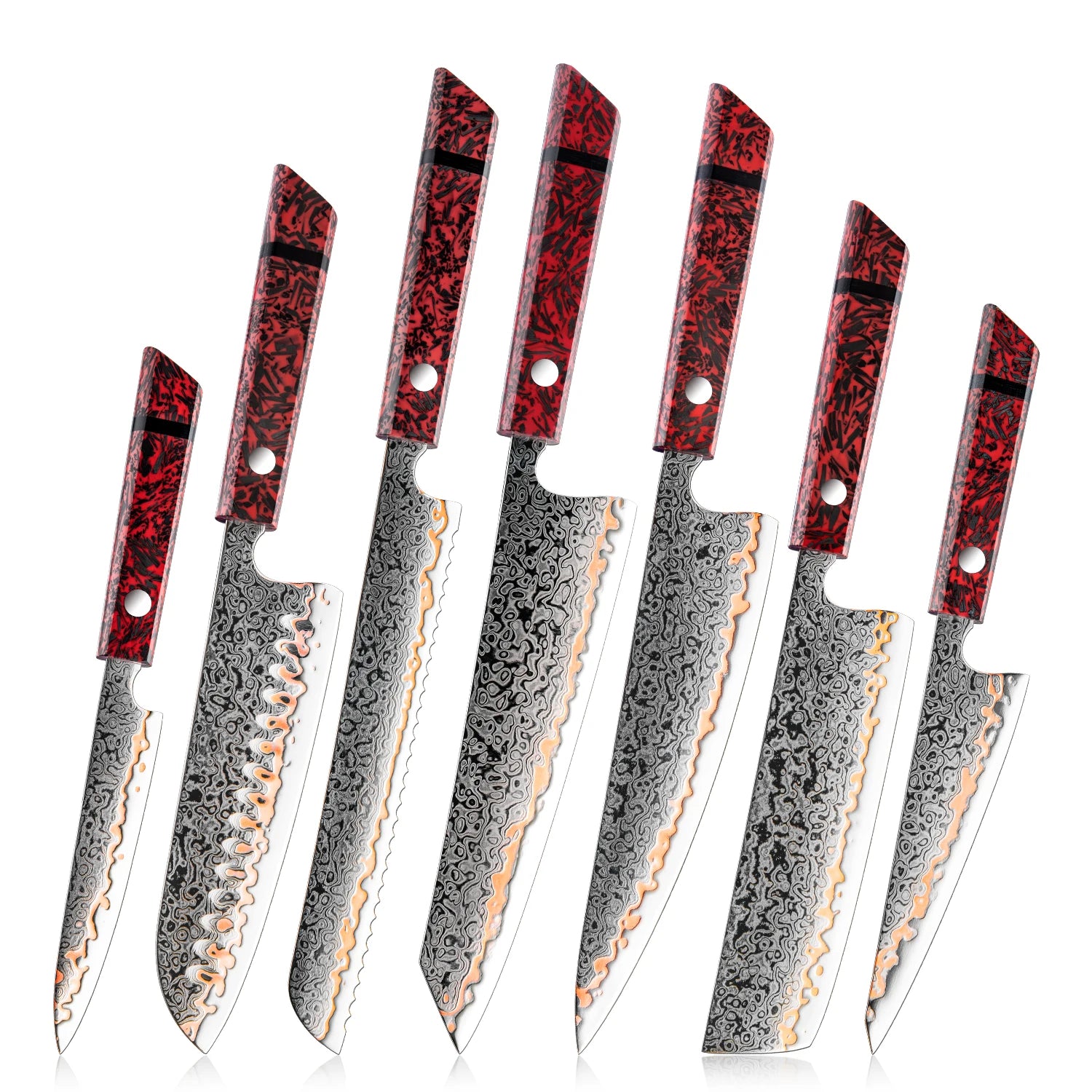 55 Layers Copper Damascus Carbon Steel Kitchen Chef Gyuto Kiritsuke Utility Bread Knives Sets with Red Resin Carbon Fiber Handle