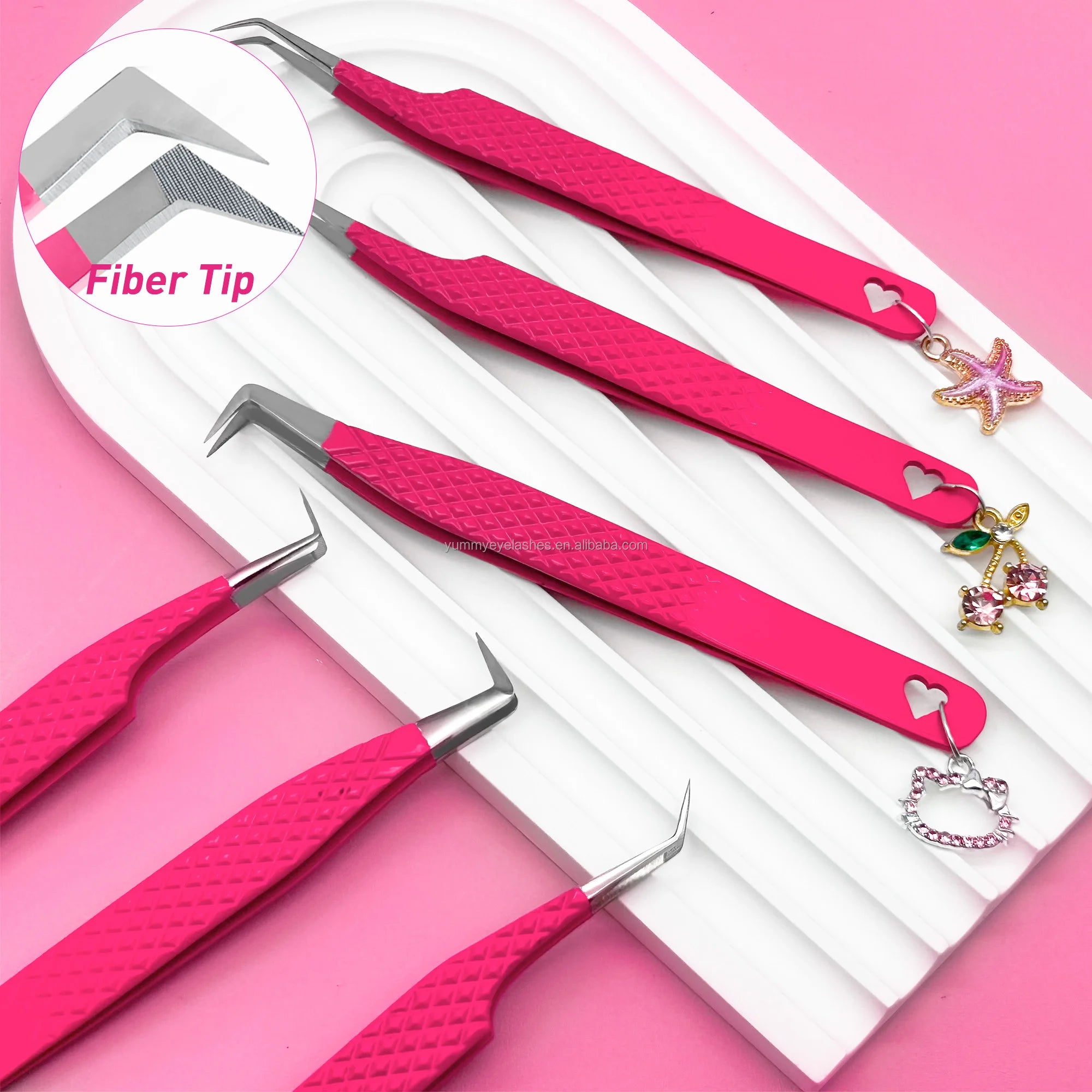 Custom Eyelash Extension Tweezers Fiber Tip with Charm Private Label Grip for Lash Extensions Tweezers 90Degree SetBulk Box Logo